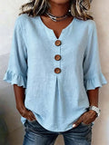 Fashionable Cotton Linen V-Neck Button-Up Blouse for Women Summer Casual Top