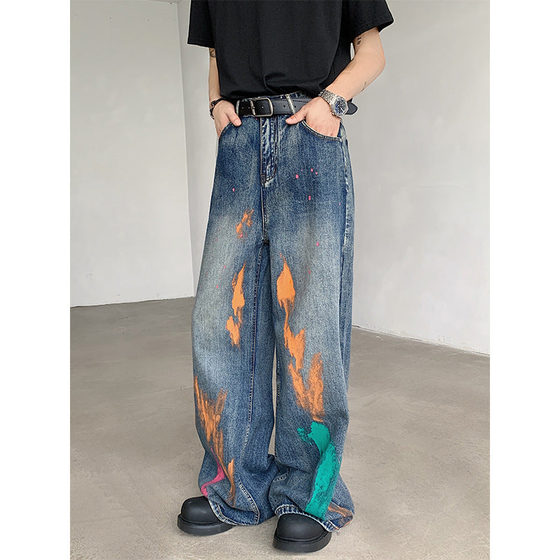 Painted jeans men's American loose wide leg long pants