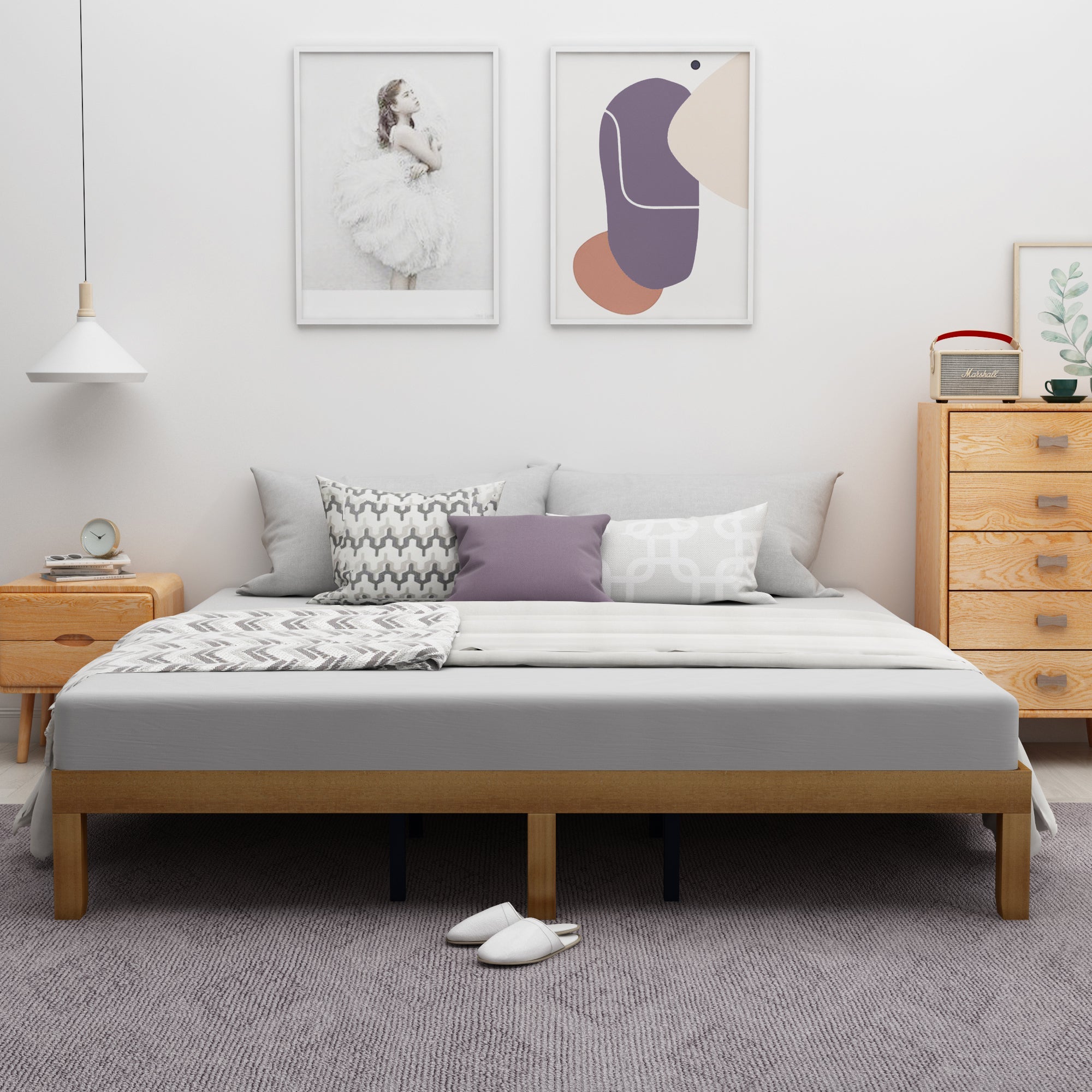 Queen Size Wood Platform Bed Frame,No Box Spring Needed,Strong Wood Slat Support, Easy Assembly