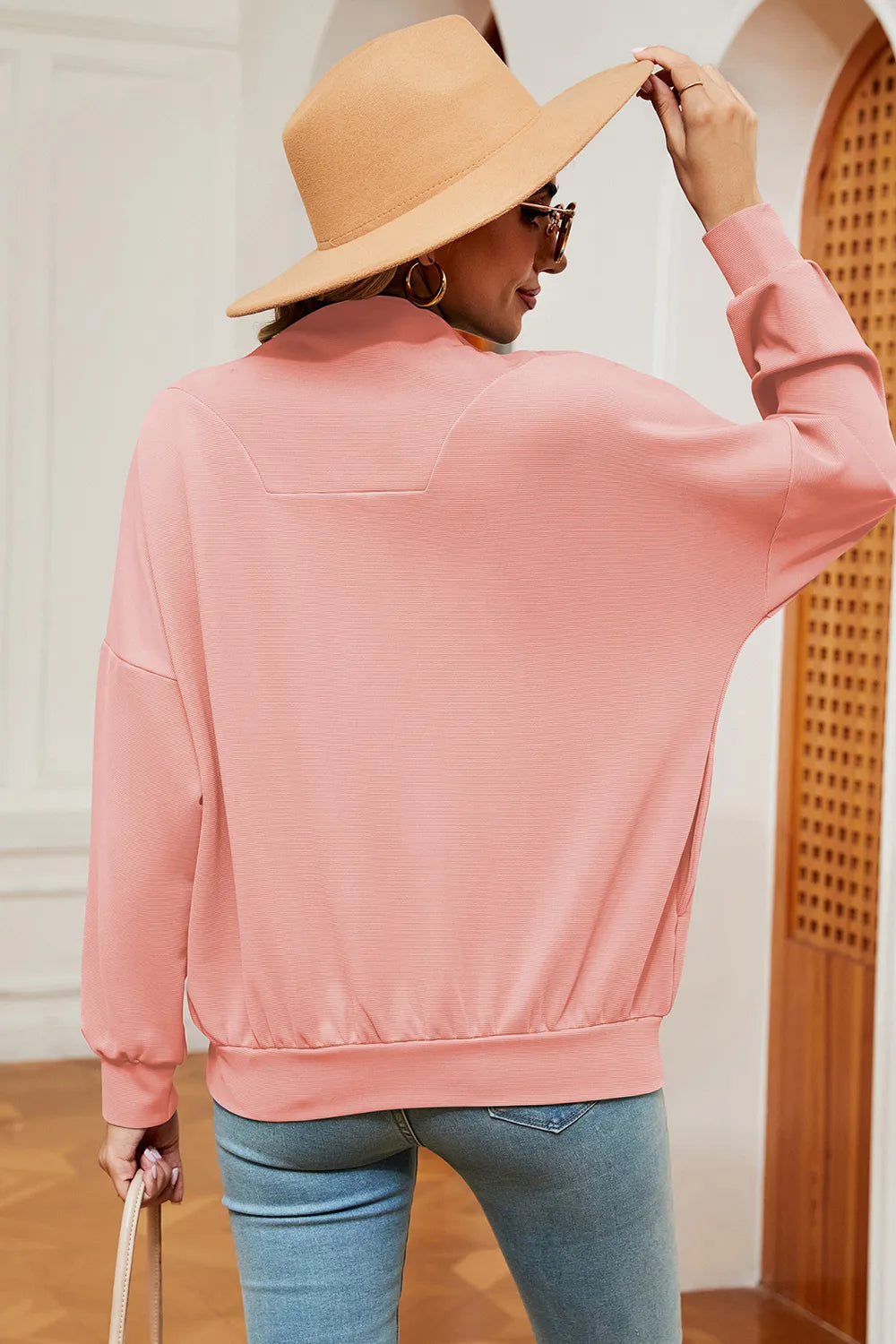 Autumn and winter new solid color zipper long sleeved loose pullover sweatshirt jacket for women