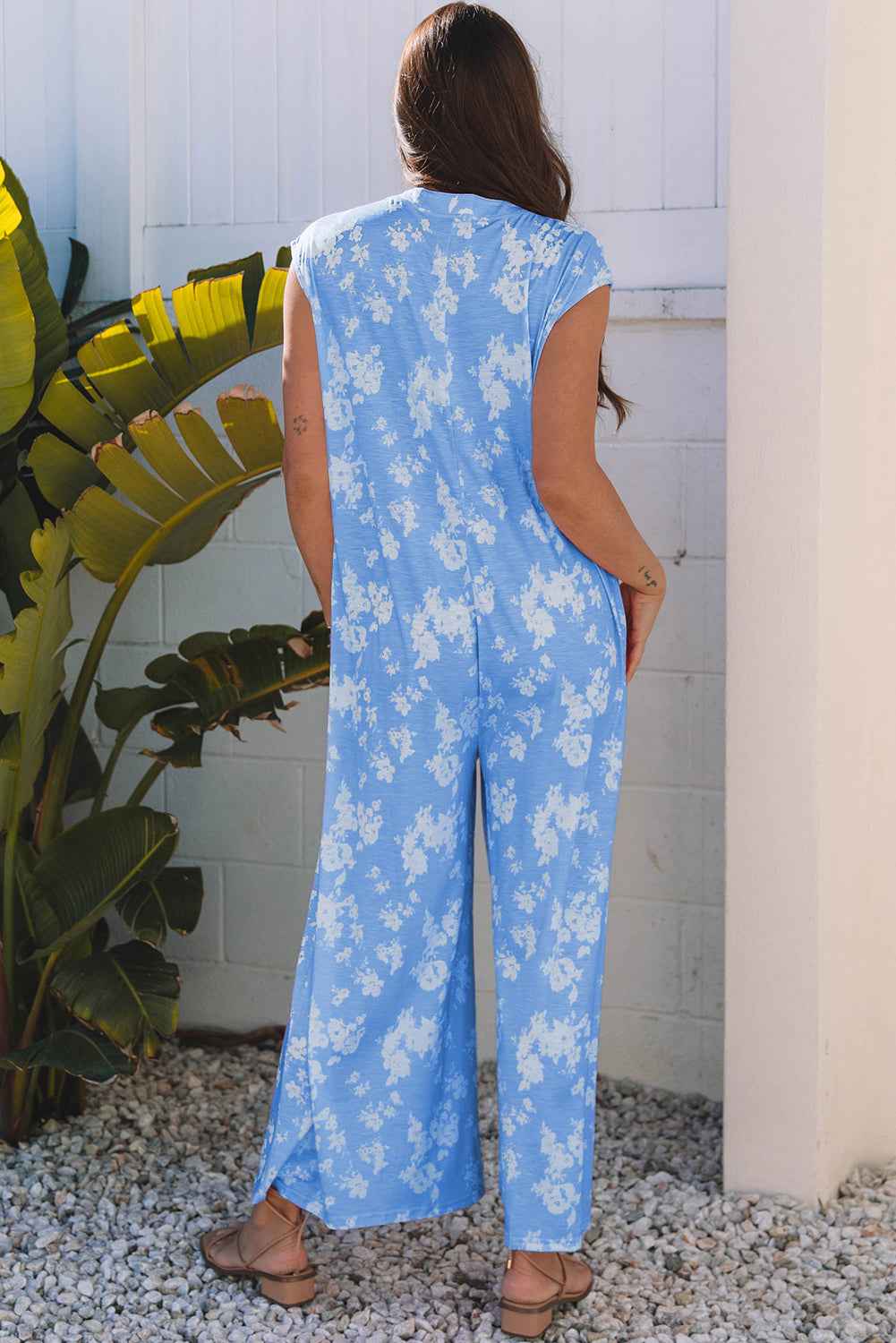 Floral Half-Button Sleeveless Wide Leg Jumpsuit