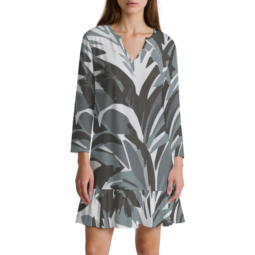 Long-sleeved V-neck ruffle dress
