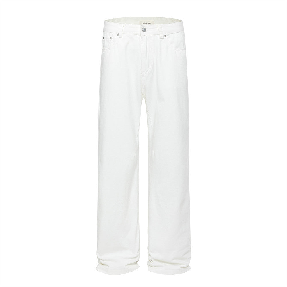 Loose Denim Pants Men's Street Trend Loose Straight Leg Trousers Pure Color Floor-Length Wide-Leg Long Pants