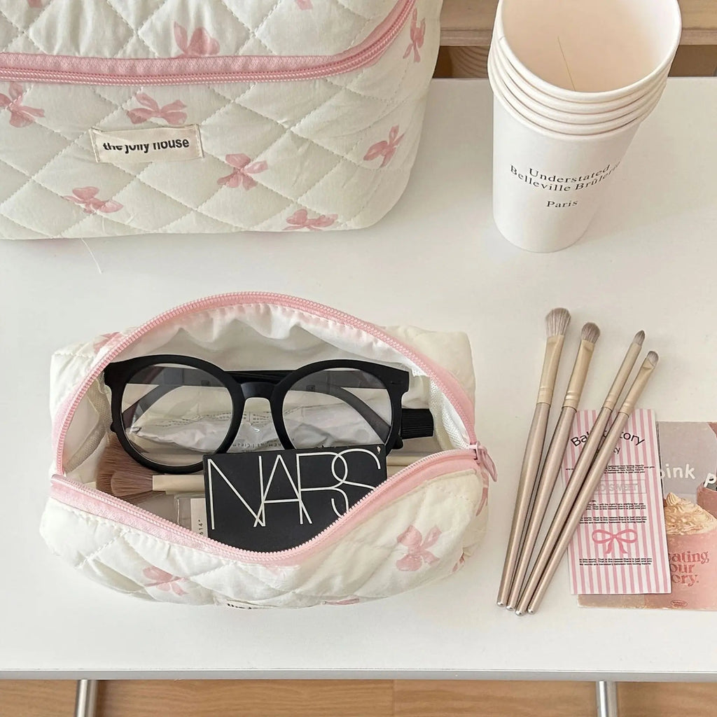 Cute Bow Flower Quilting Cotton Makeup Bag Women Zipper Cosmetic Organizer Female Cloth Handbag Portable Toiletry Case for Girls