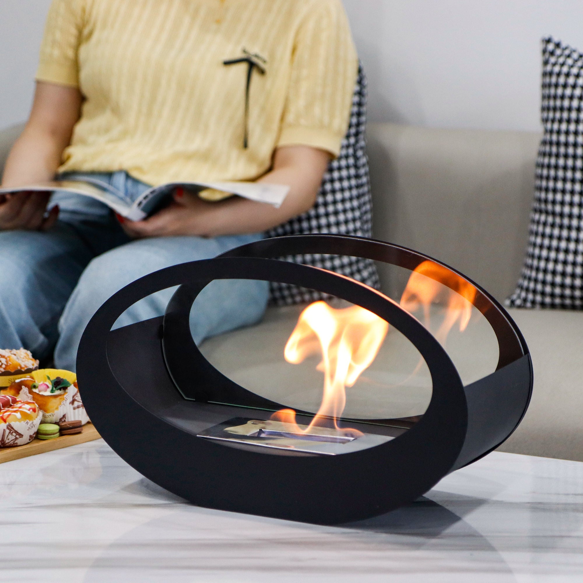 Alcohol fireplace real fire cruise ship oval glass tabletop fireplace metal storm heating wall