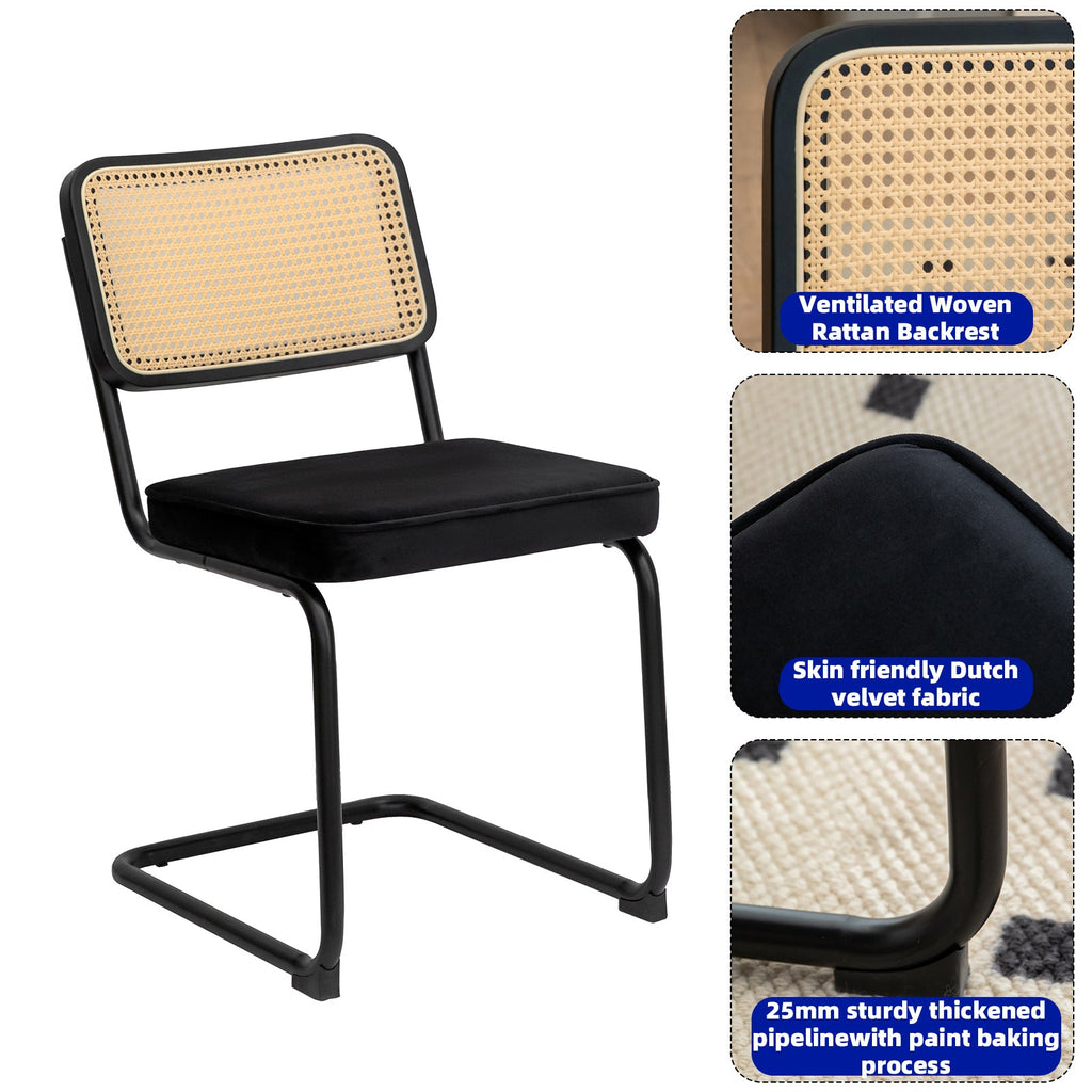 Dining Chairs Set of 2 velvet wicker side decorative chairs, black painted legs, modern medieval Bruell designed chairs,
