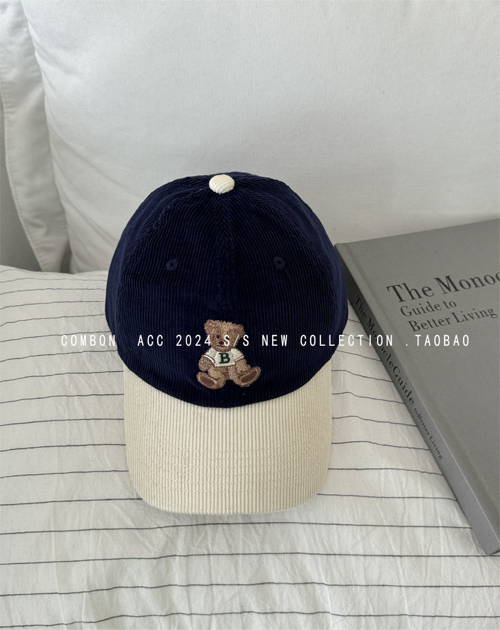 Cute bear embroidered baseball hat for women autumn and winter corduroy color matching retro duckbill cap