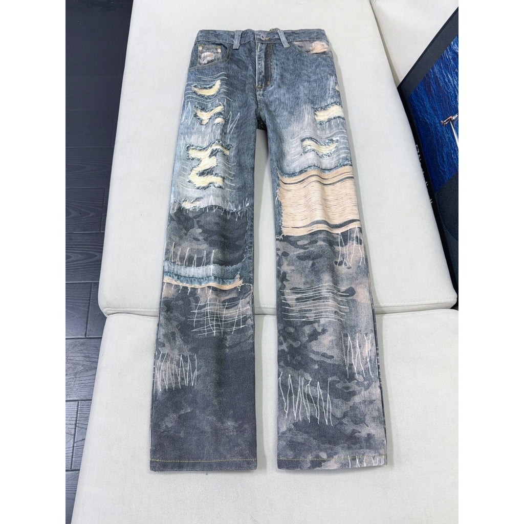 Ripped Denim Pants Straight Leg Jeans