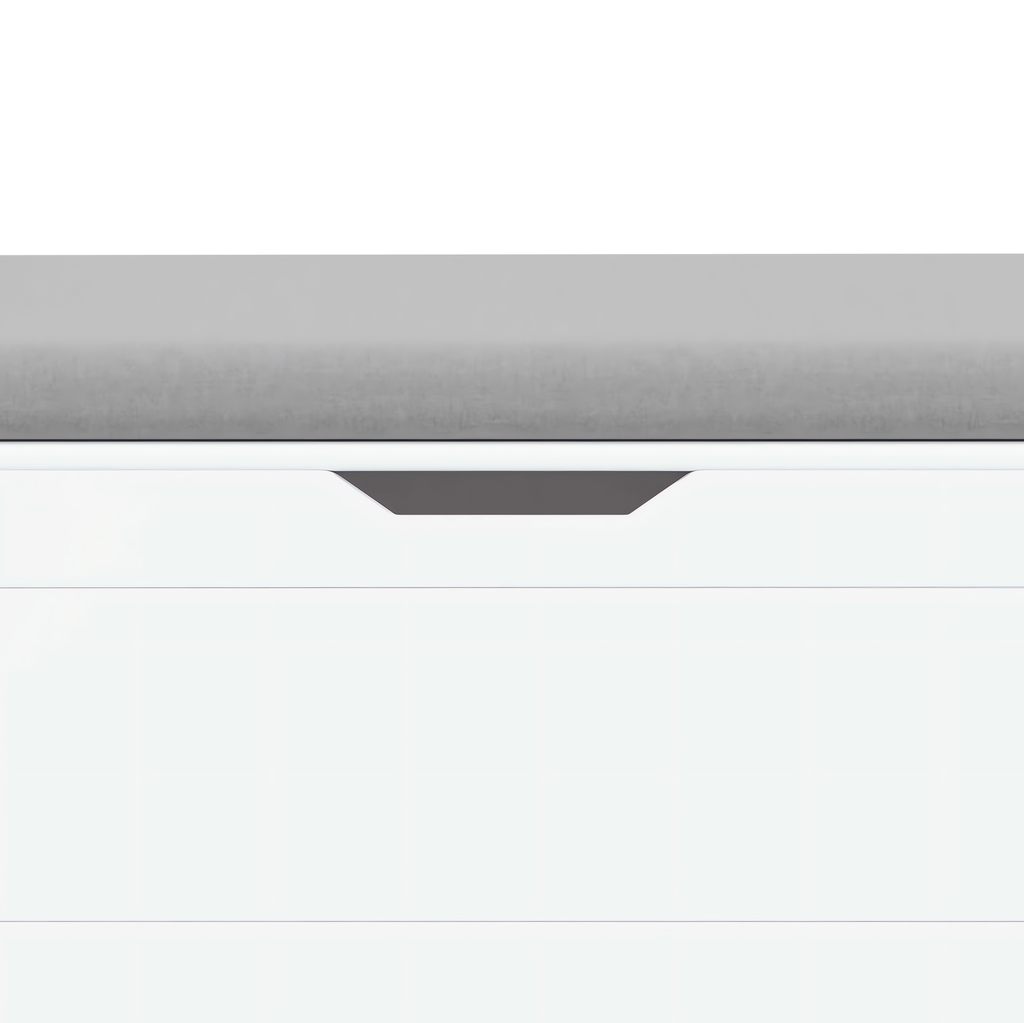 A white rubber wood children's toy box with soft cushioned seats, stools, flip covers, and safety hinges for toy storage