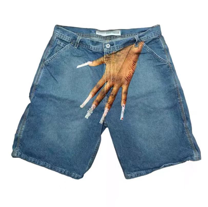 Y2K hip-hop trend pattern printed denim shorts for men, casual five quarter pants