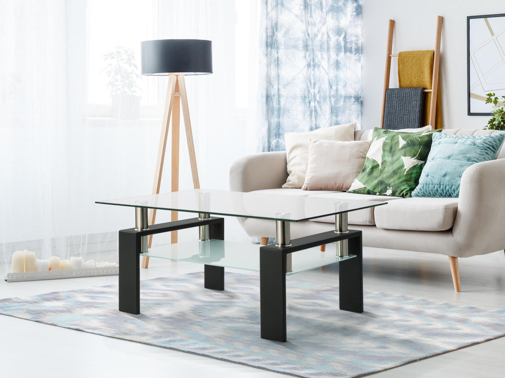 Rectangle Black Glass Coffee Table Clear Coffee Table Modern Side Center Tables for Living Room Living Room Furniture
