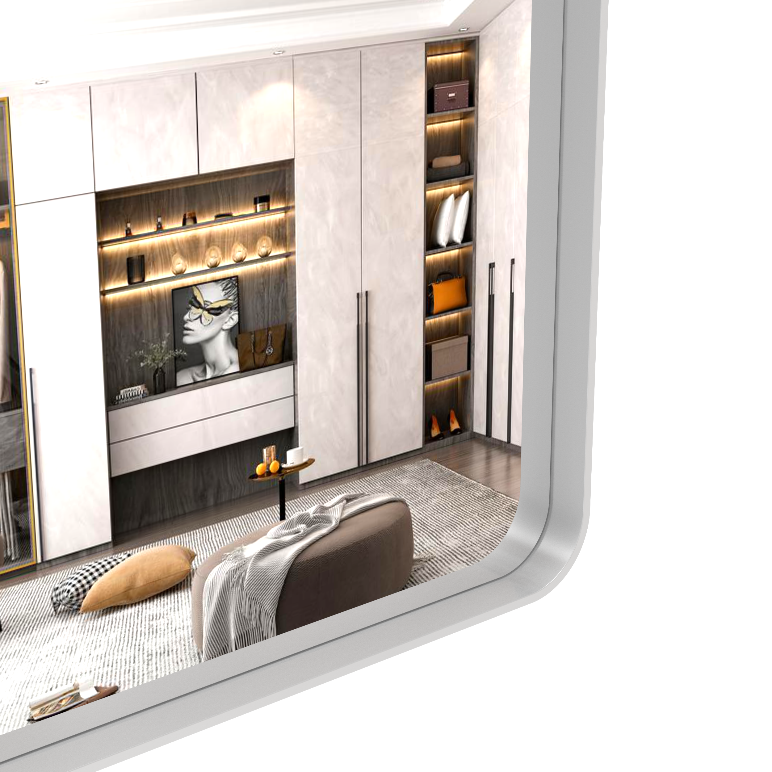 Large bathroom mirror with movable tray wall mounted mirror, vertically and horizontally suspended aluminum frame wall mounted m