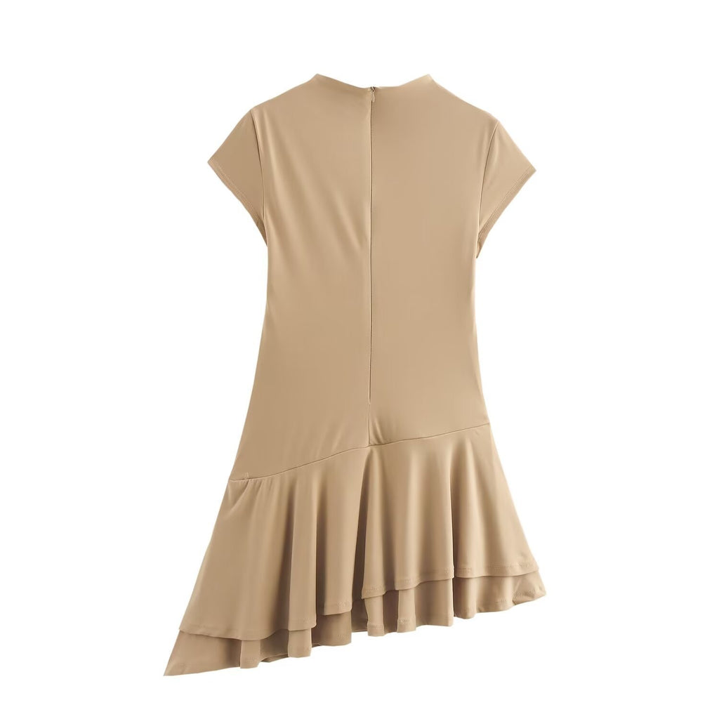 Half high neck short sleeved ruffled skirt dress for women
