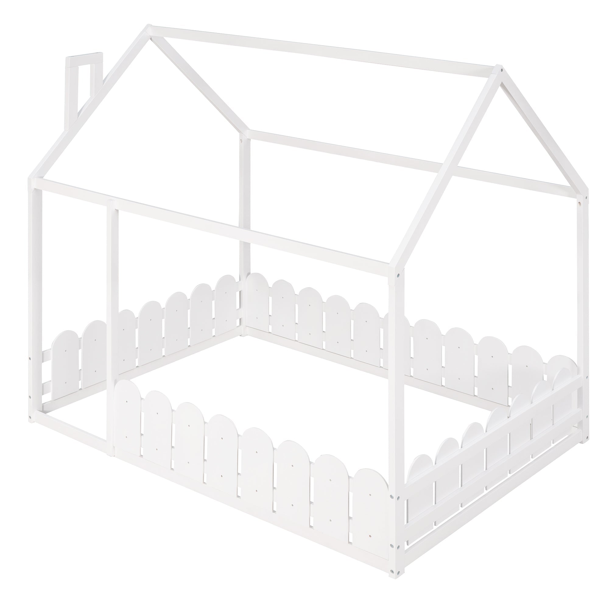 (Slats are not included) Full Size Wood Bed House Bed Frame with Fence for Kids Teens Girls Boys (White )