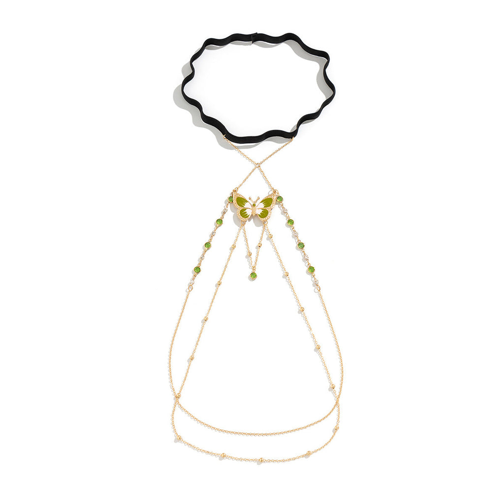 JK Pure Desire Wind Sexy Elastic Leg Chain Cross border Jewelry Green Painted Butterfly Tassel Leg Chain