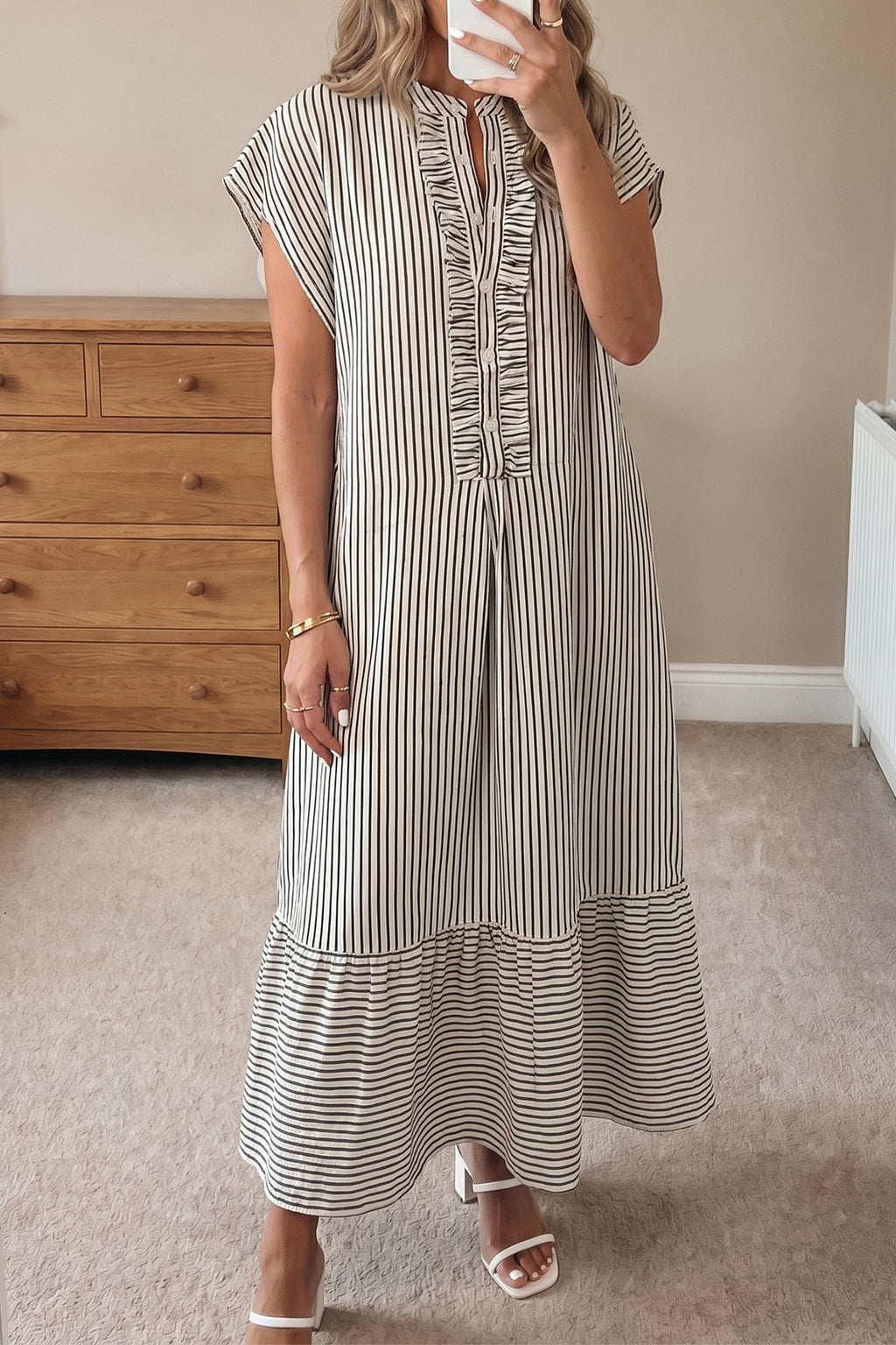 Stripe Frilled Half Buttoned Maxi Dress