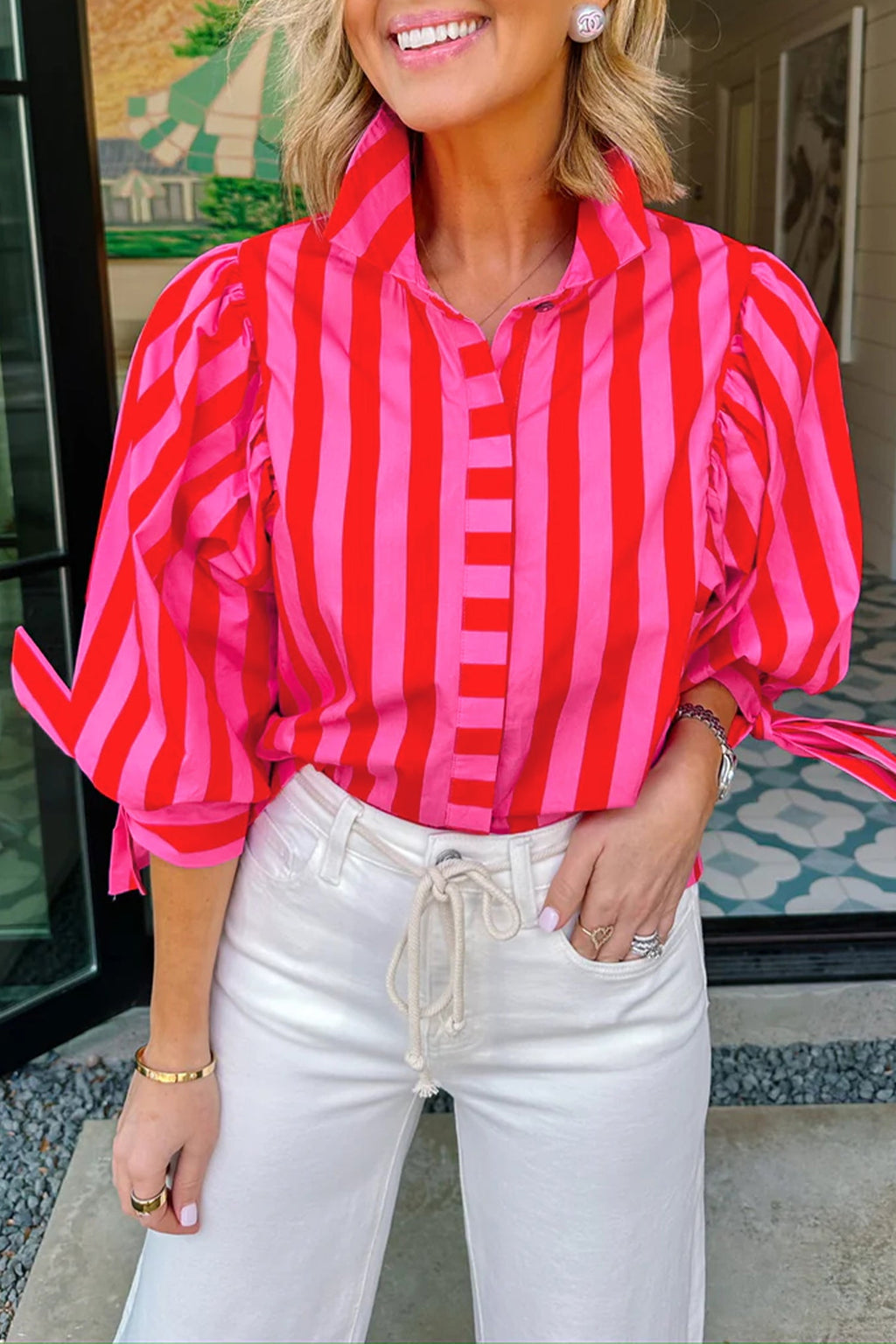 Stripe Tie Puff Sleeve Button Down Shirt