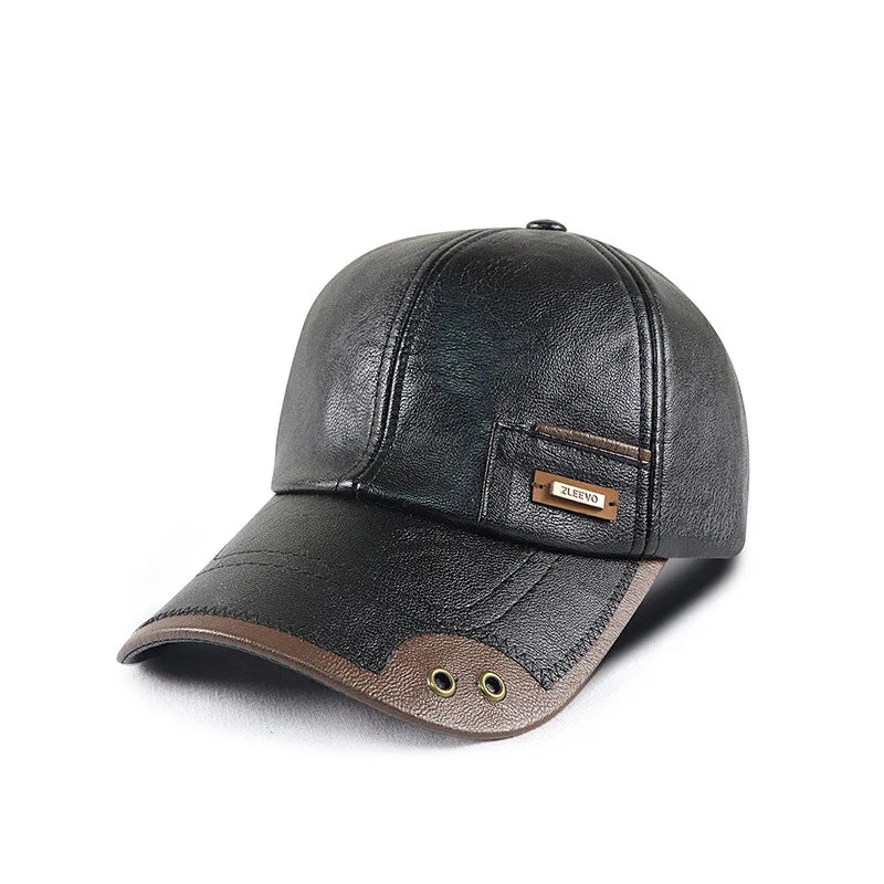 Autumn and Winter new PU leather baseball cap fashion stitching and brushed middle-aged and elderly peaked cap