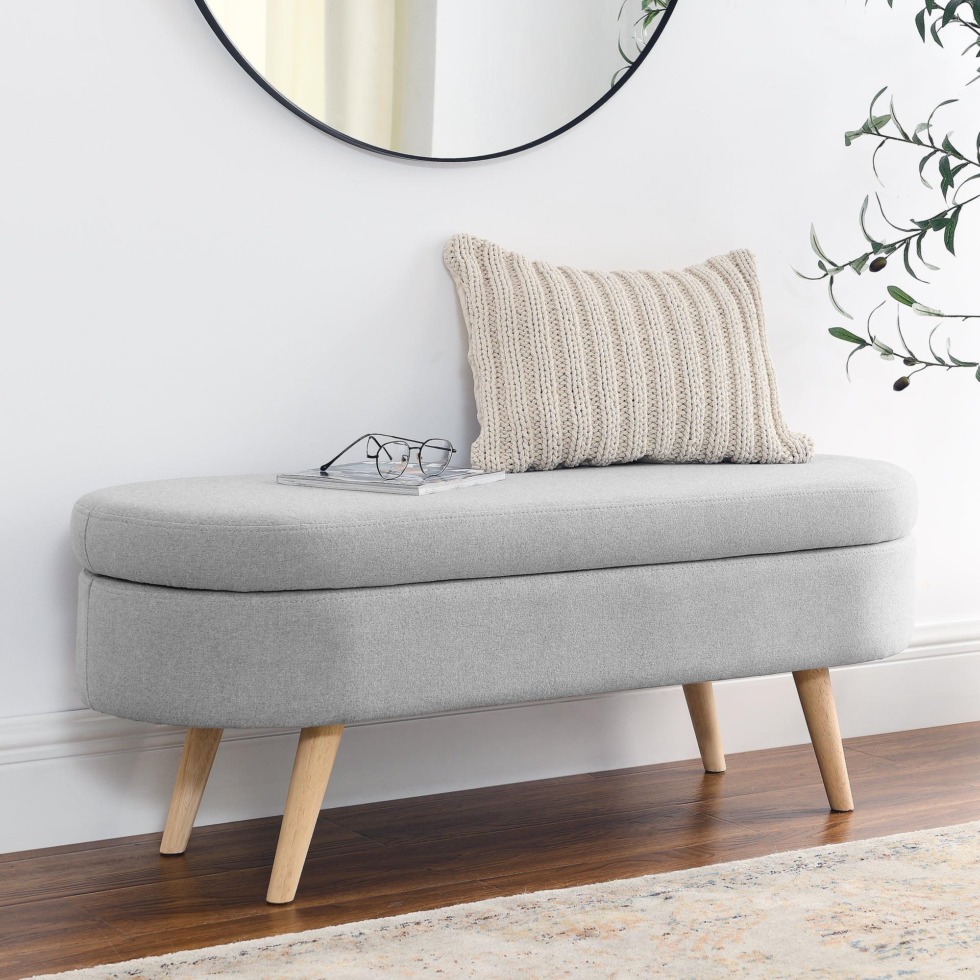 Ottoman Oval Storage Bench Rubber Wood Legs Grey(43.5"x16"x16")