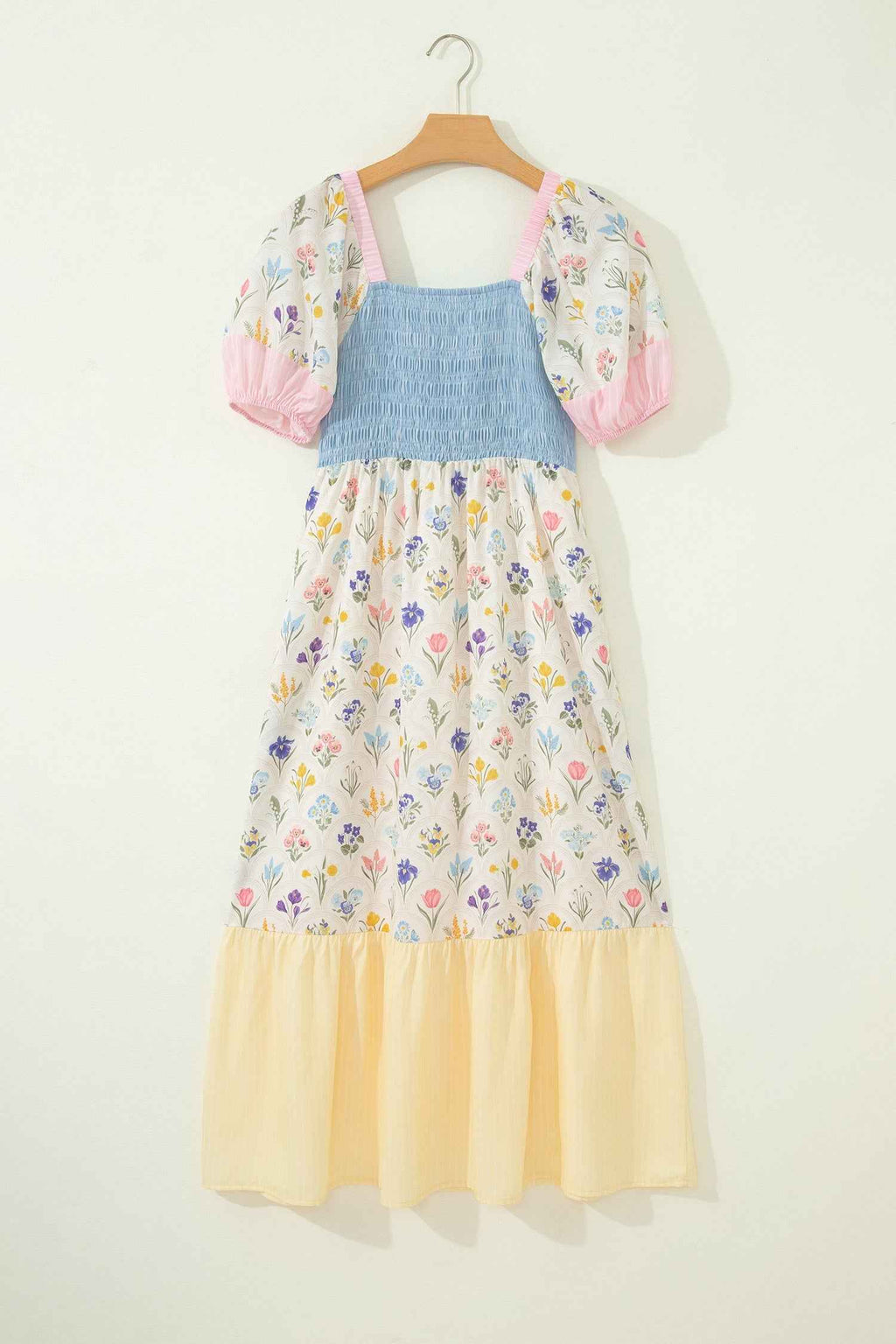 Floral Stripe Colorblock Square Neck Shirred Dress