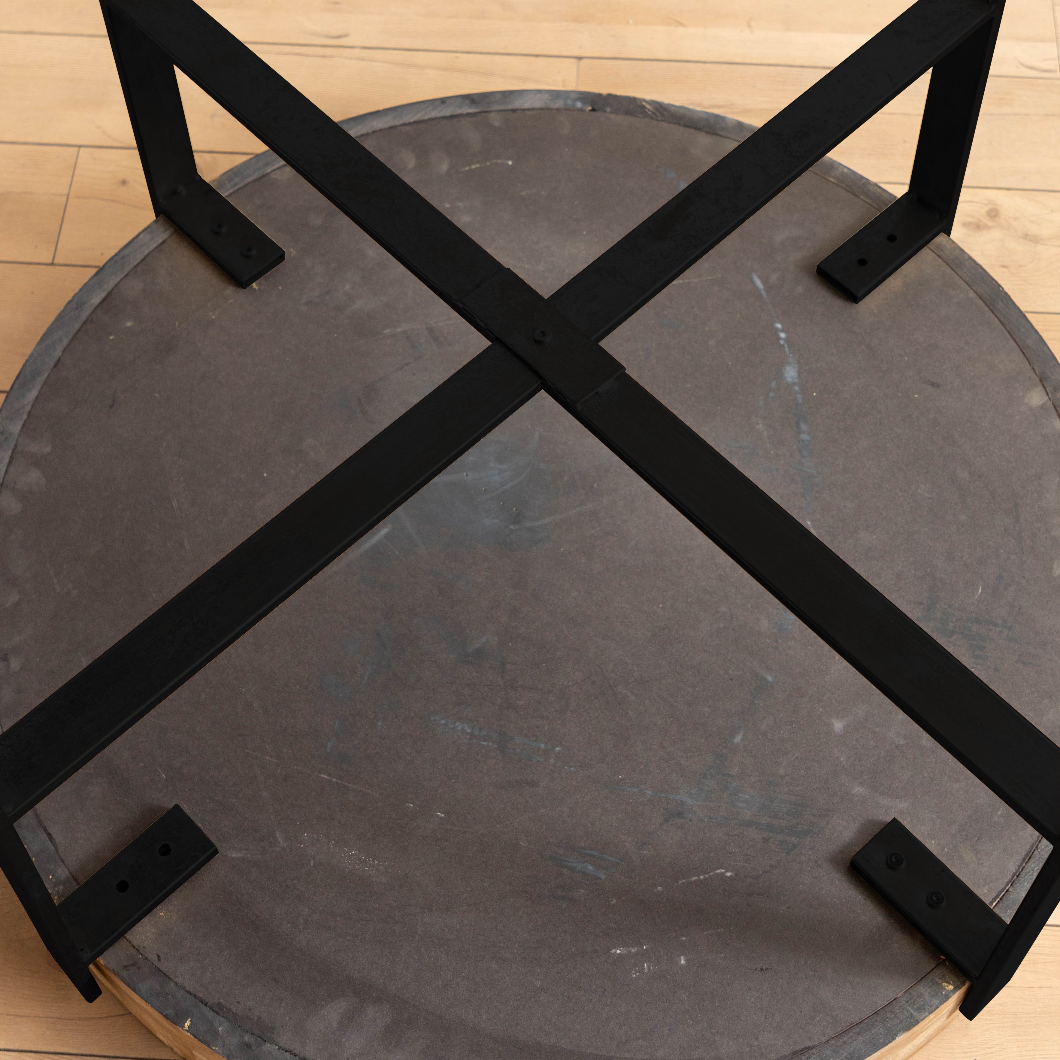 31.29"Modern Retro Splicing Round Coffee Table  Fir Wood Table Top with Cross Legs Metal Base(Same SKU:W757123560)