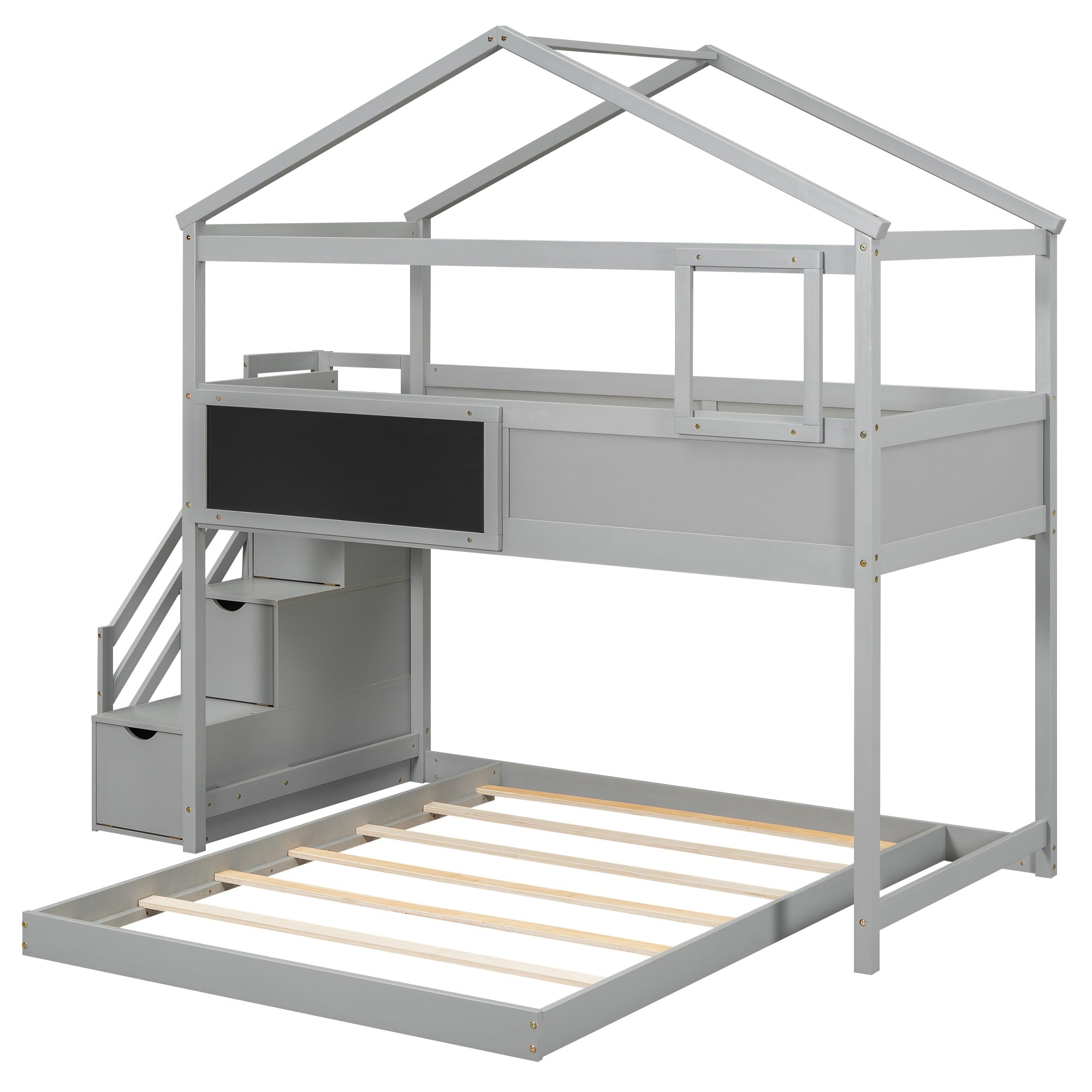 Twin over Full House Bunk Bed with Storage Staircase and Blackboard Gray