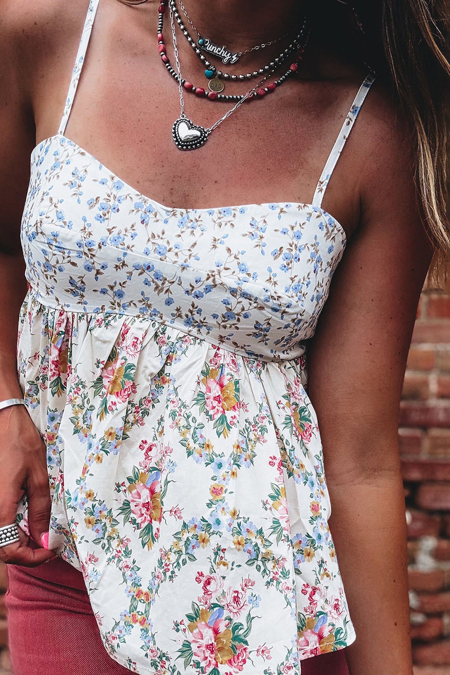 Floral Patchwork Spaghetti Strap Babydoll Top