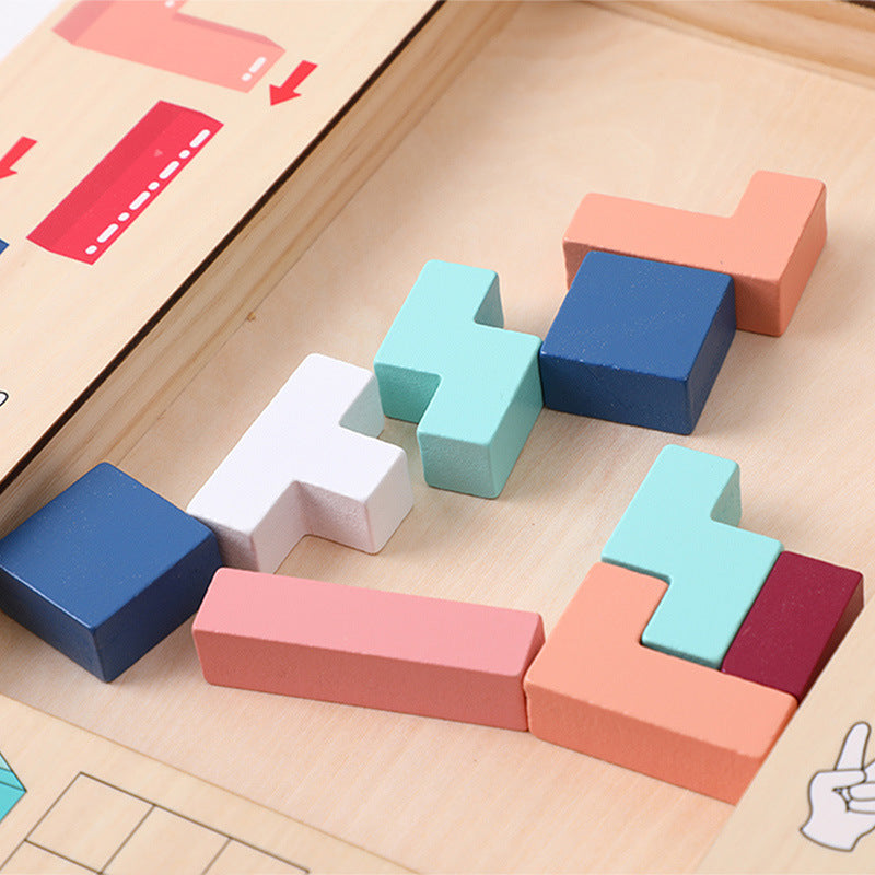 Wooden children's enlightenment multifunctional spatial thinking puzzle game Tetris three in one building blocks