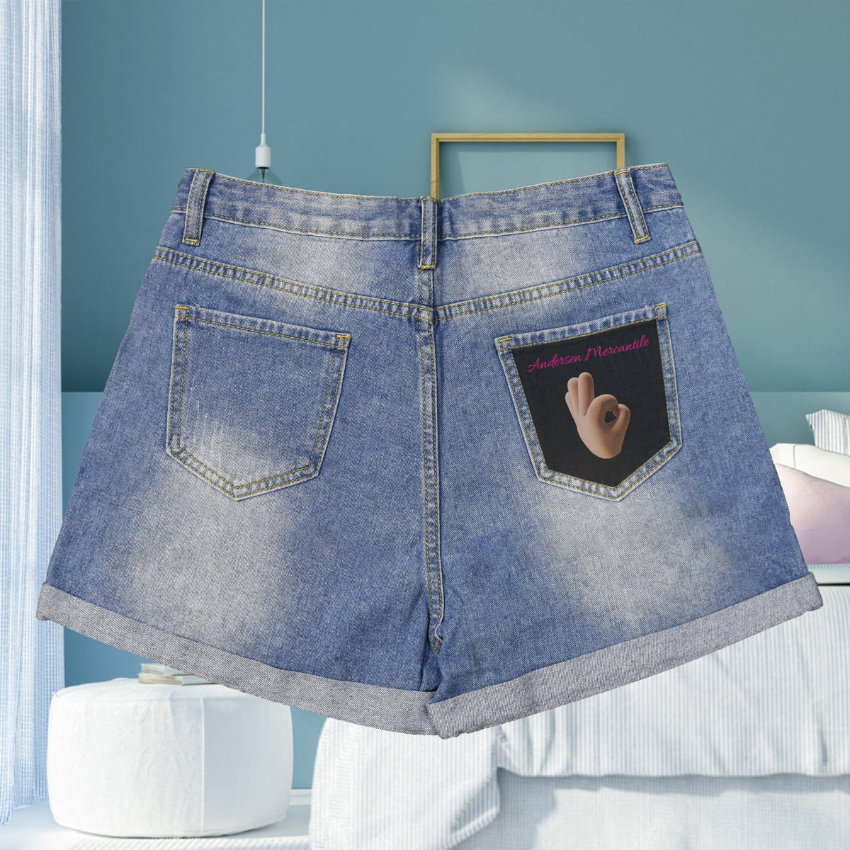 Light-Wash Blue Denim Shorts (Right Pocket Print) Made in USA Ships to USA Only