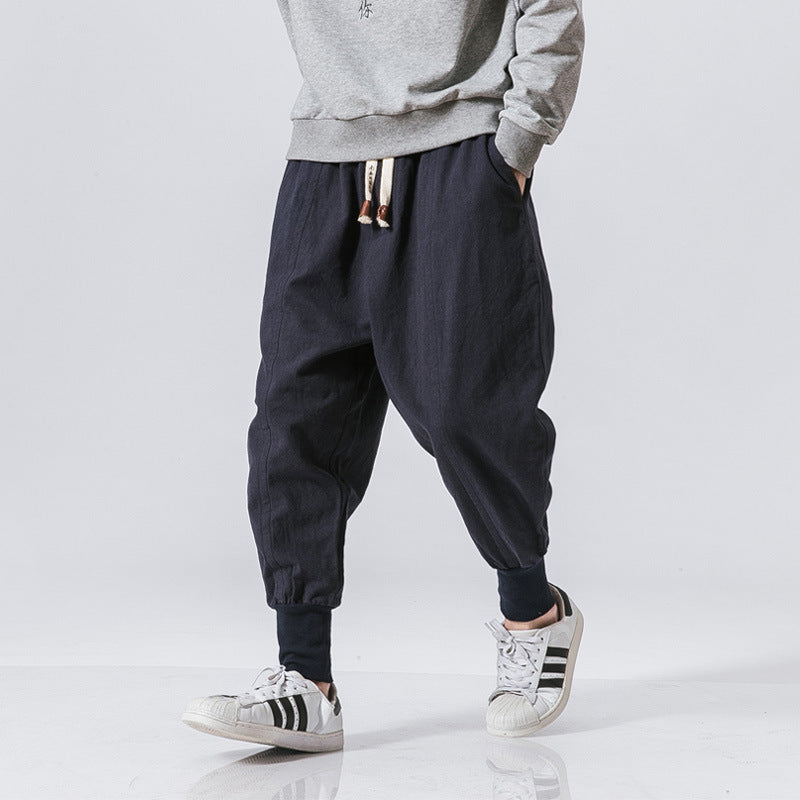 Men's Spring and Autumn Linen Closed Loose Bun Leg Pants Chinese Style Japanese Casual Pants Men