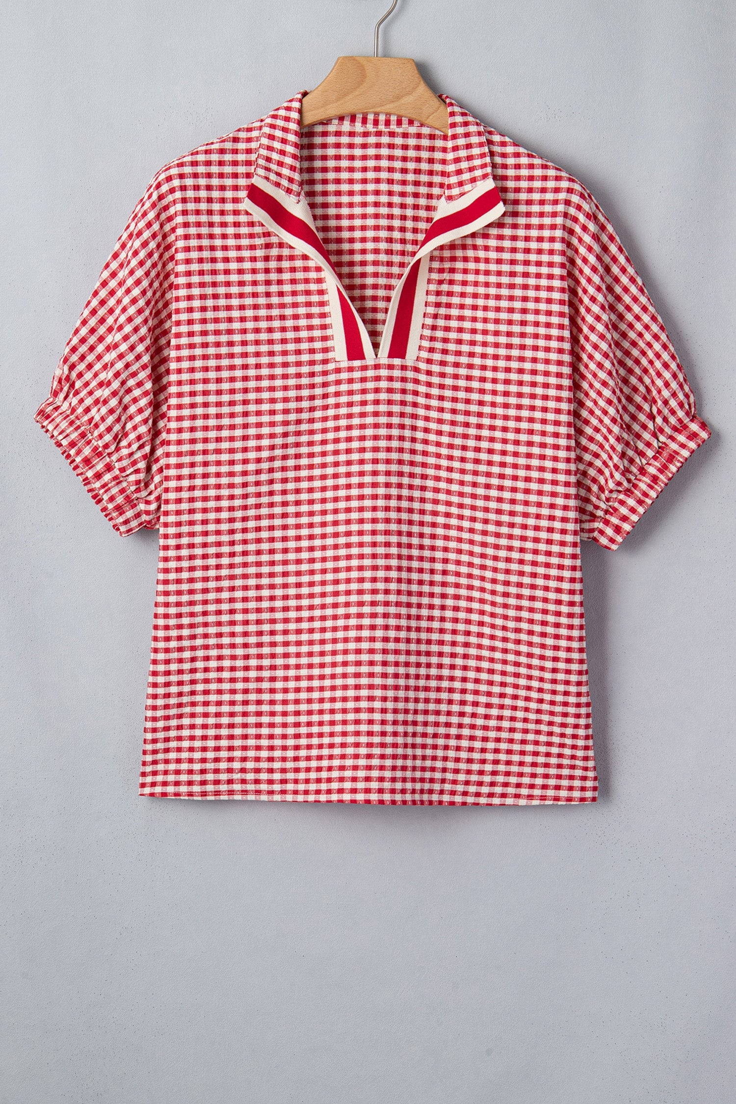 Gingham Plaid Colorblock Trim Split Neck Blouse