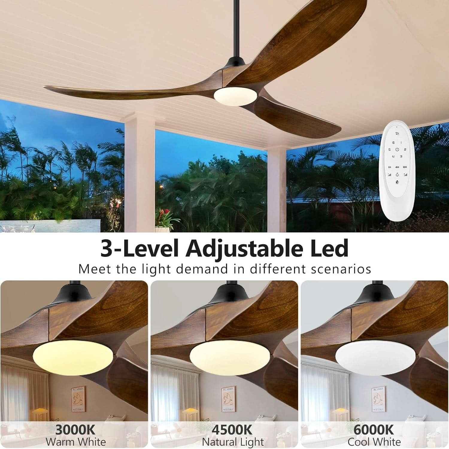 60 Inch Walnut Solid Wood Ceiling Fan Outdoor Weatherproof