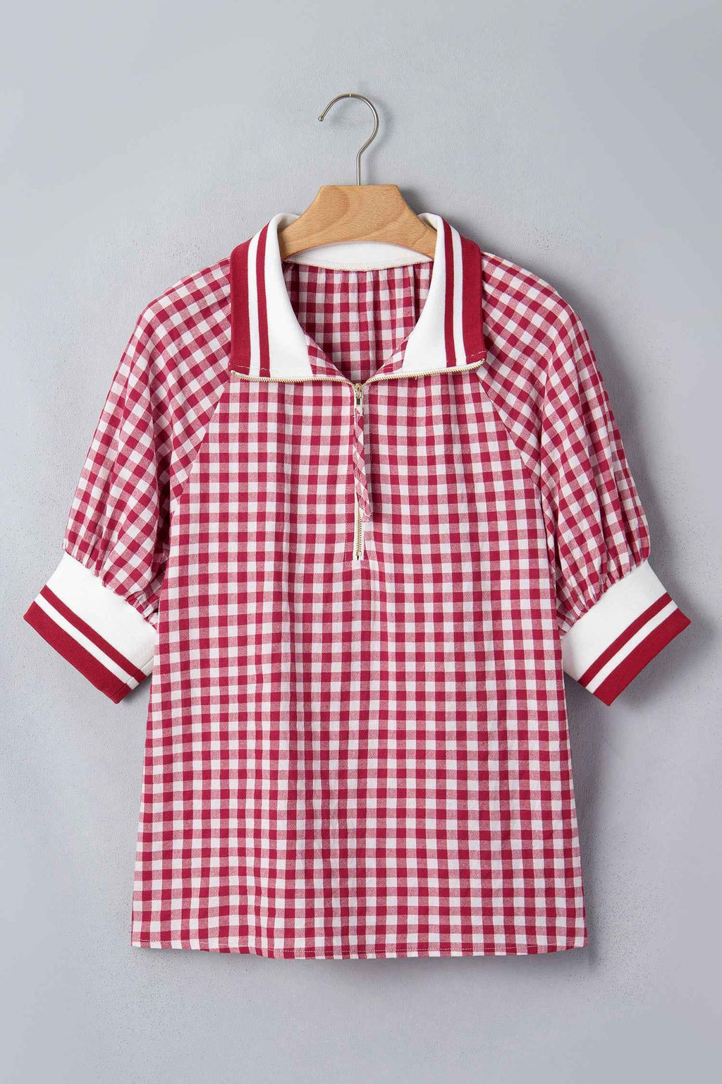 Gingham Stripe Patchwork Half Zip Collared Blouse