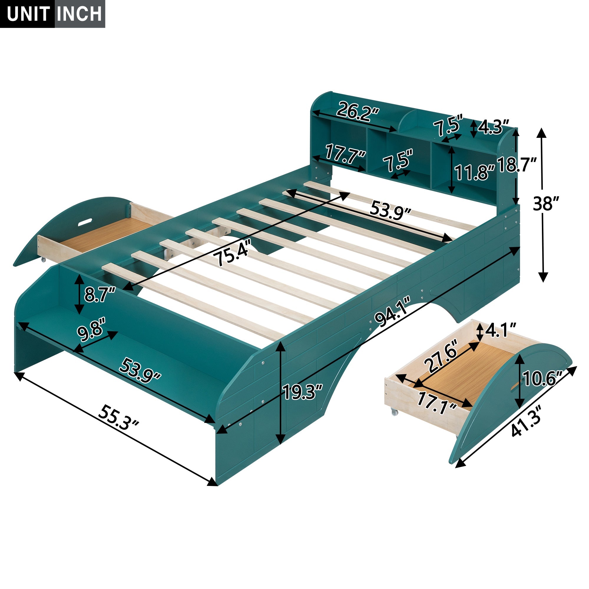 Wood Full Size Platform Bed with 2 Drawers, Storage Headboard and Footboard, Dark Green