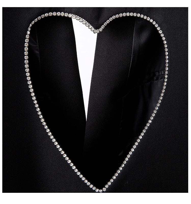 Design sense: Diamond studded backless hollow black suit jacket for women, autumn and winter explosive street love diamond versatile loose suit