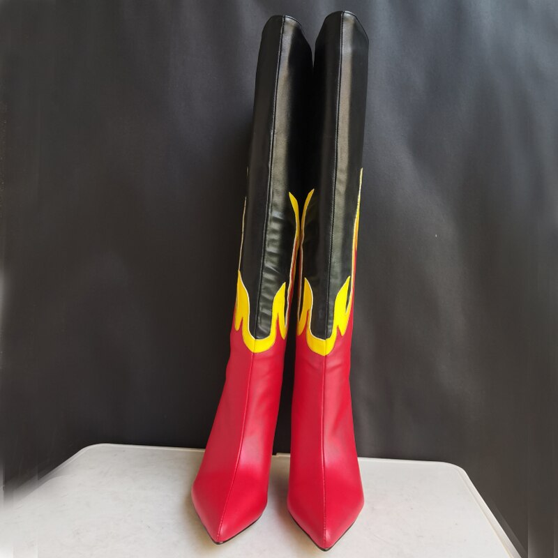 Processing time:3-7days after placing ordersNew Punk Style Mixed Color Embroidery Knee High Long Boots Thin Heel Pointed Toe Sexy Party Women's Shoes Black Red Big Size 43