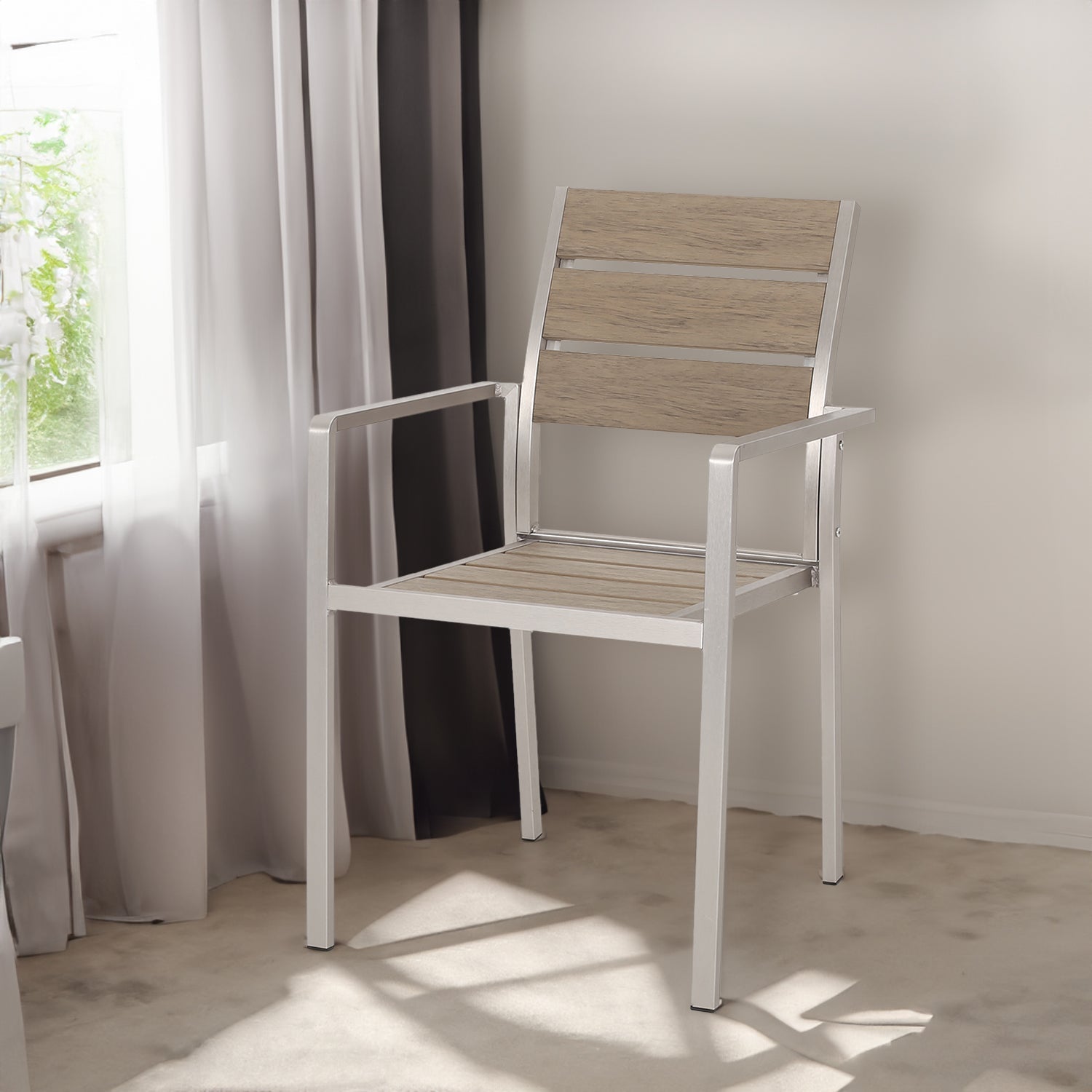 Outdoor Modern Aluminum Dining Chair with Faux Wood Seat (Set of 2), Natural and Silver