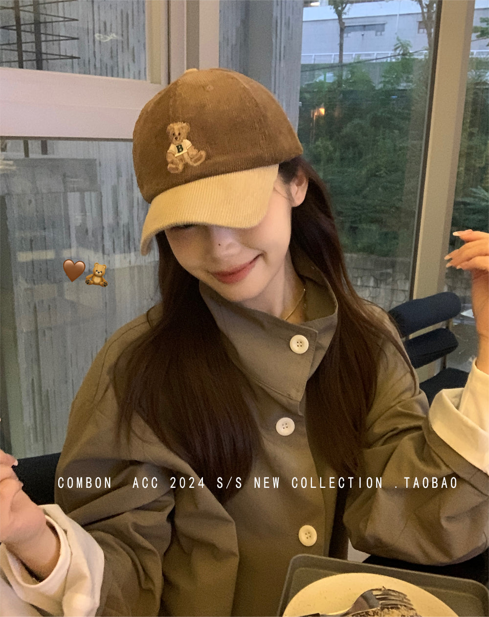 Cute bear embroidered baseball hat for women autumn and winter corduroy color matching retro duckbill cap