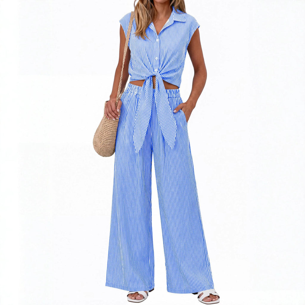 Spring Summer Women's Striped Buttoned Sleeveless Shirt and Pants Set