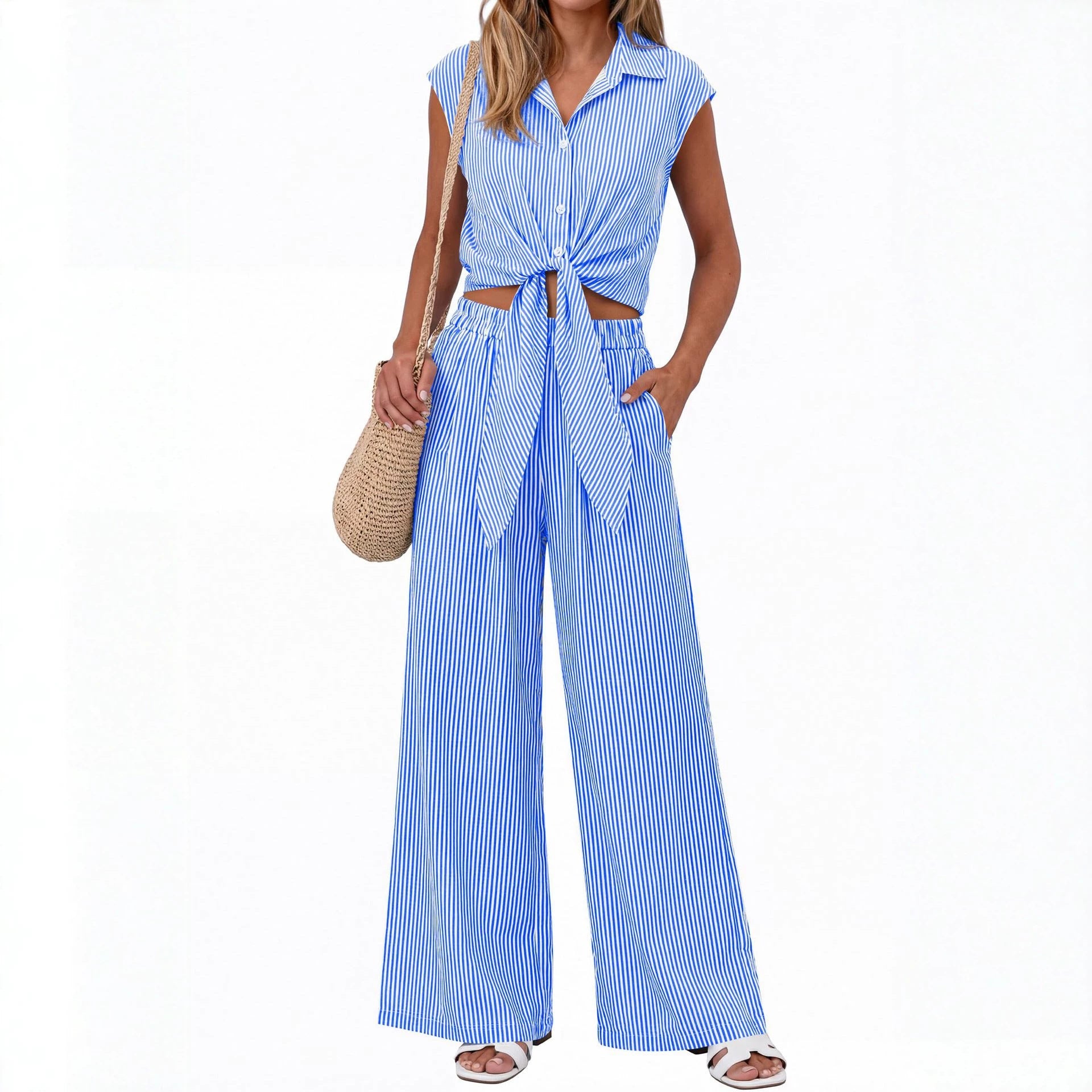 Spring Summer Women's Striped Buttoned Sleeveless Shirt and Pants Set