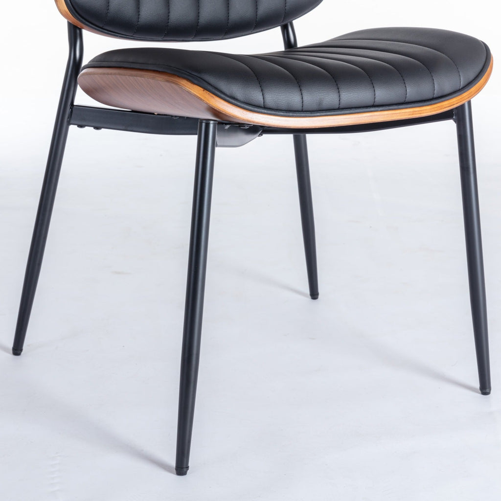 2-piece retro linen chair set with curved wooden backrest, cushioned seat, adjustable metal legs, (Black PU)