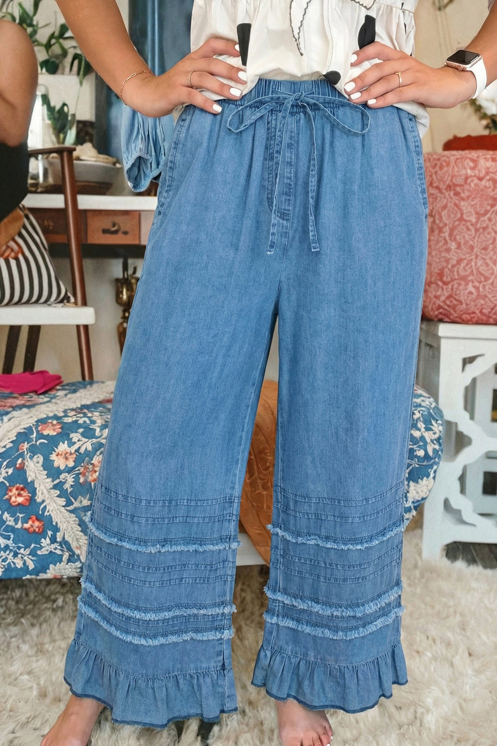 Denim Chambray Ruffle Hem Wide Leg Pants