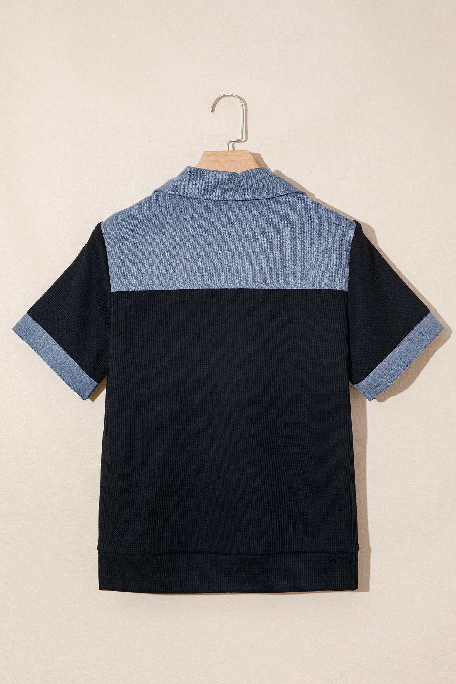 Colorblock Denim Waffle Knit Patchwork Polo Top