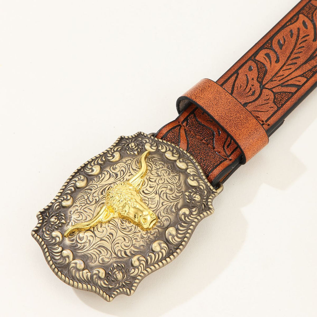Western Cowboy Belt Versatile Bull Head Big Board Buckle Cowboy Carving Ethnic Style Male Punk PU Leather Belt