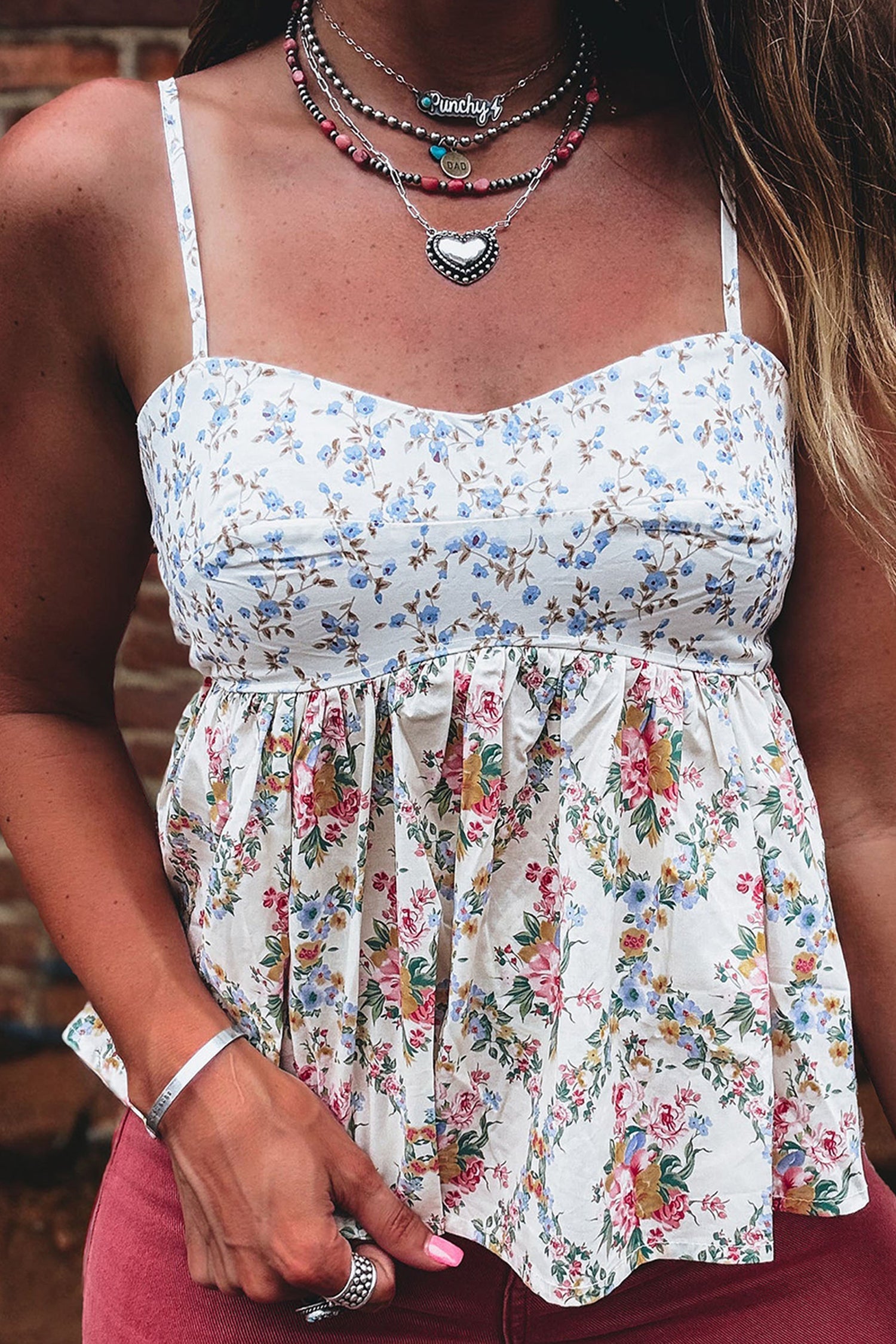 Floral Patchwork Spaghetti Strap Babydoll Top