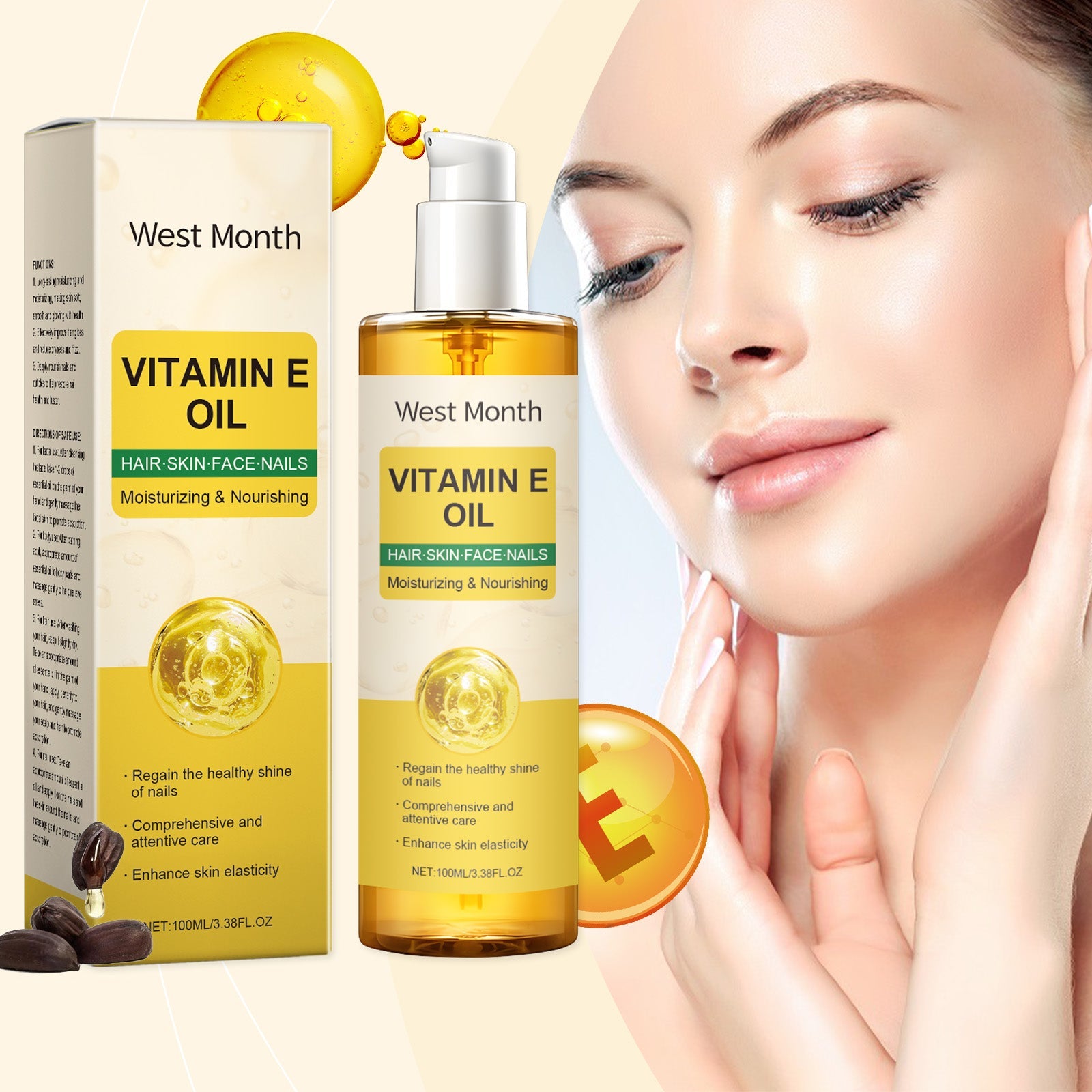 Vitamin E Body Oil, Deeply Nourishes Hair, Nails, Skin, Body Care And Massage