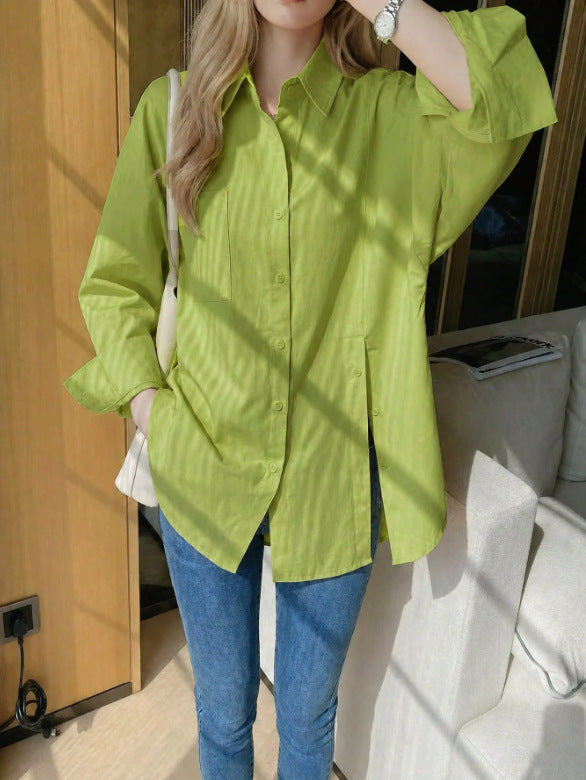 New women's solid color long sleeved shirt with button side slit