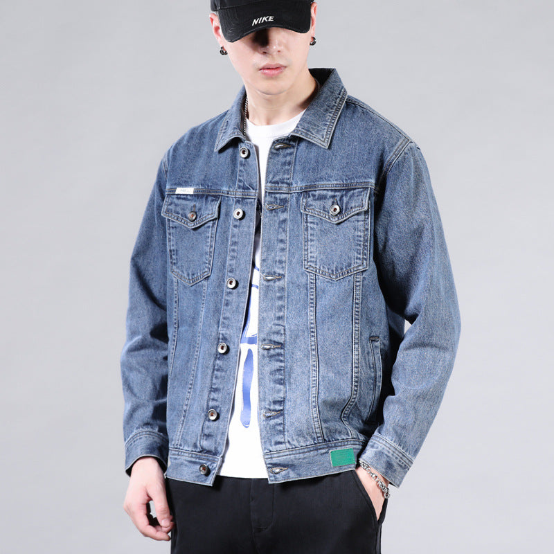 New men's Korean version solid color casual denim jacket for couples, lapel, plus size, same jacket