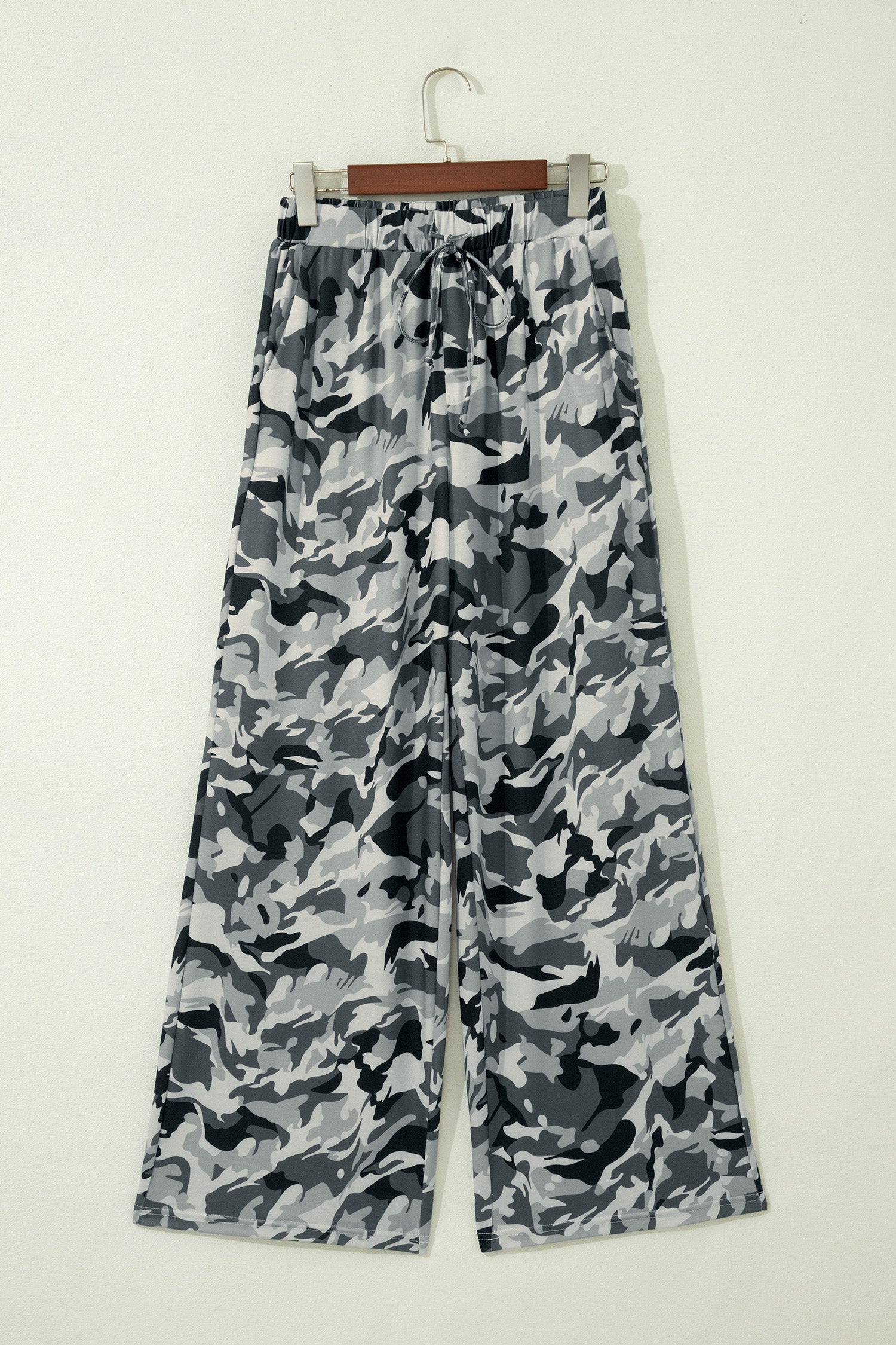 Camo Drawstring High Waist Wide Leg Pants