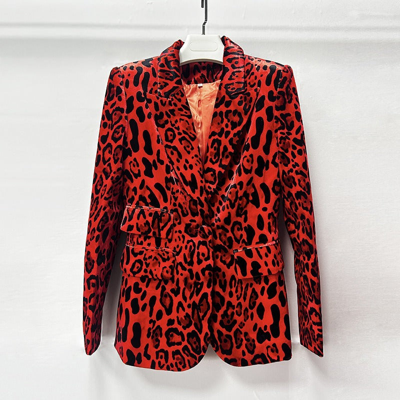 Two piece set of high-end gold velvet suit with leopard print print suit and small leg pants